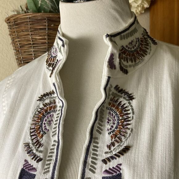 Embellished & Embroidered Coldwater Creek White Denim Open Front Jacket Size PL - Picture 2 of 12